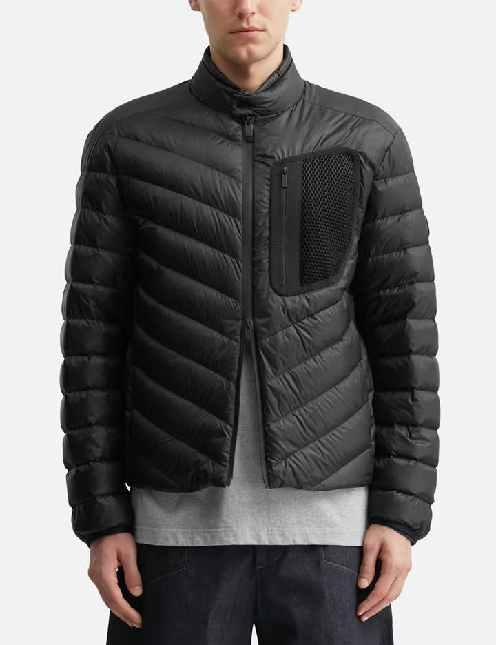 Mackinac Diagonal-Quilted Down Biker Jacket