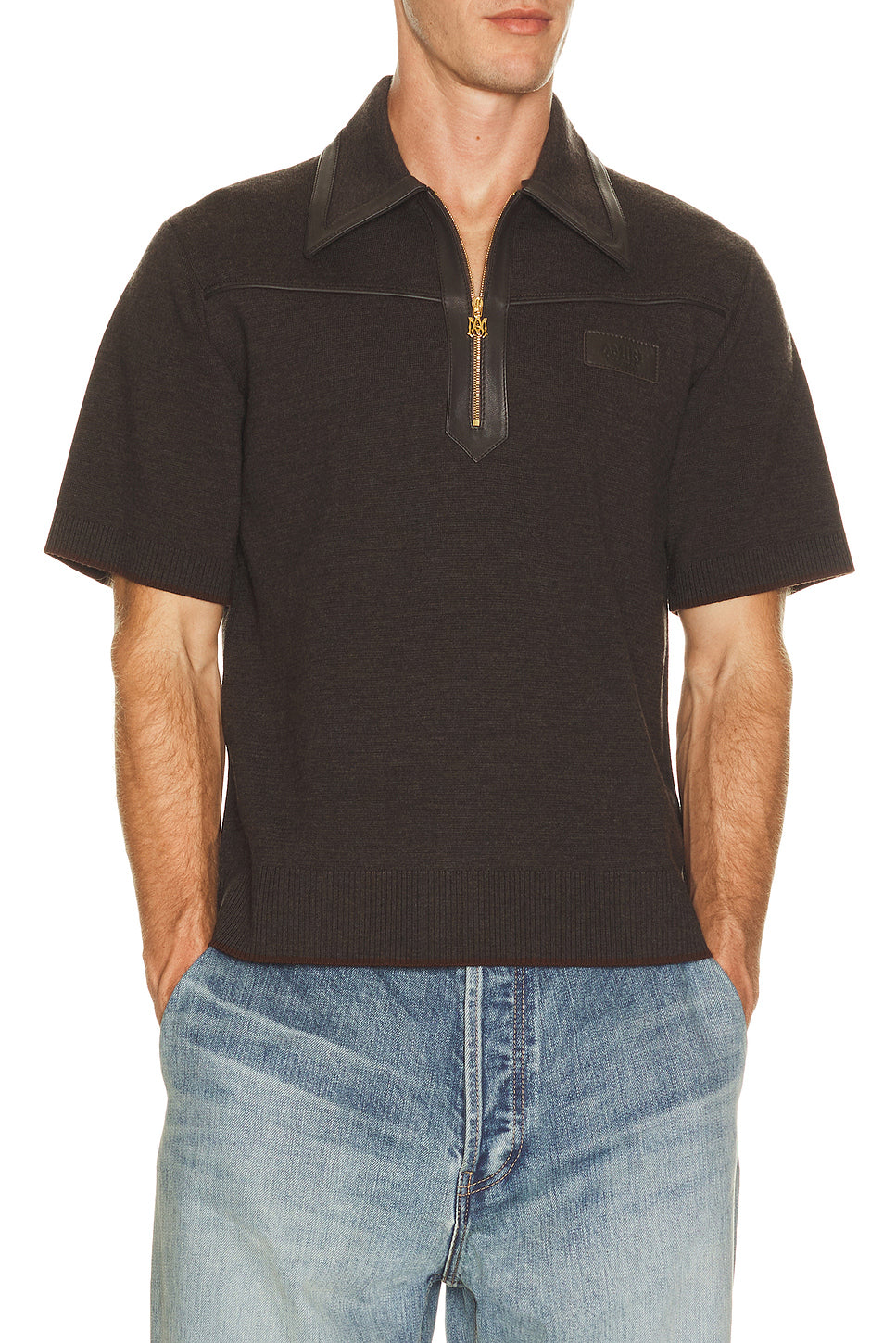 Leather Trim Knit Zipped Polo
