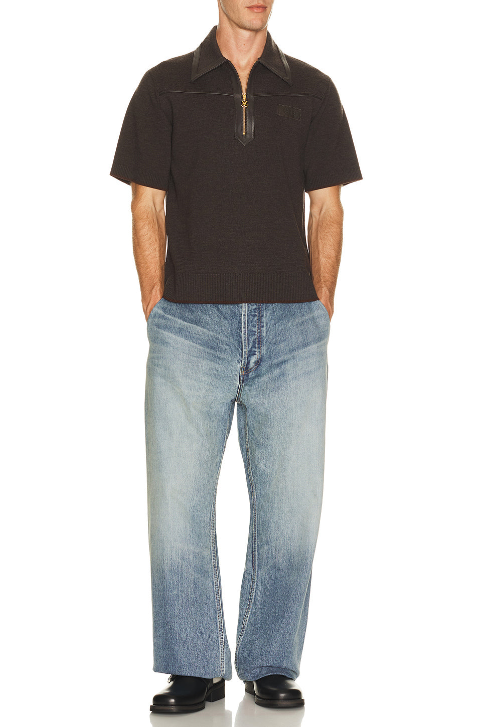 Leather Trim Knit Zipped Polo