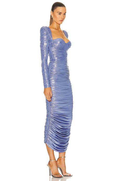 Long Sleeve Ruched Metallic Dress