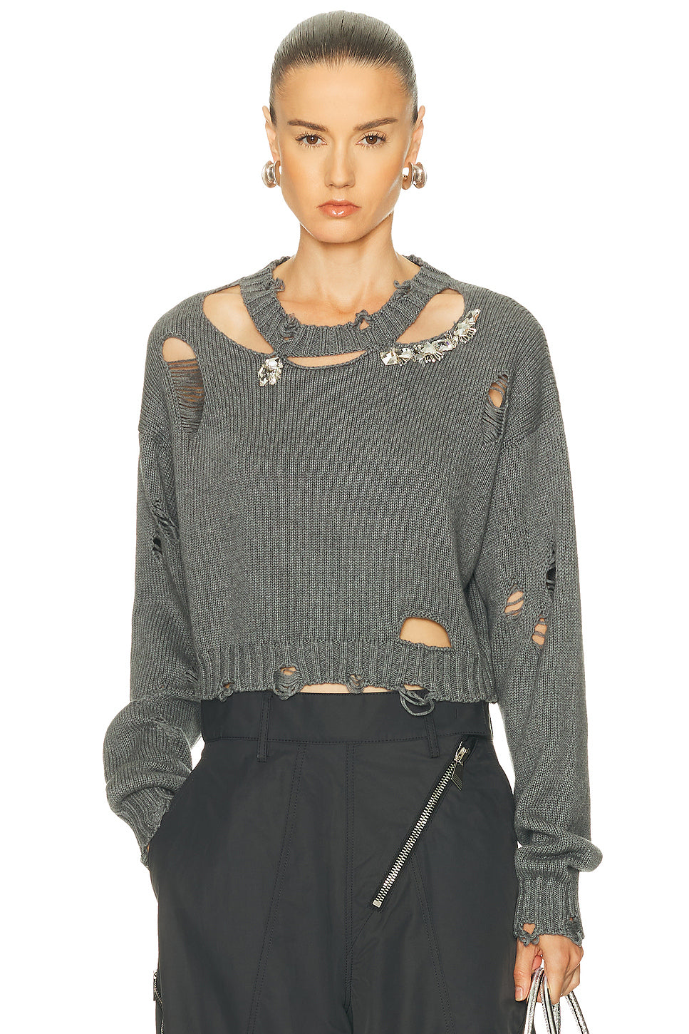 Distressed Crystal Crewneck Sweater