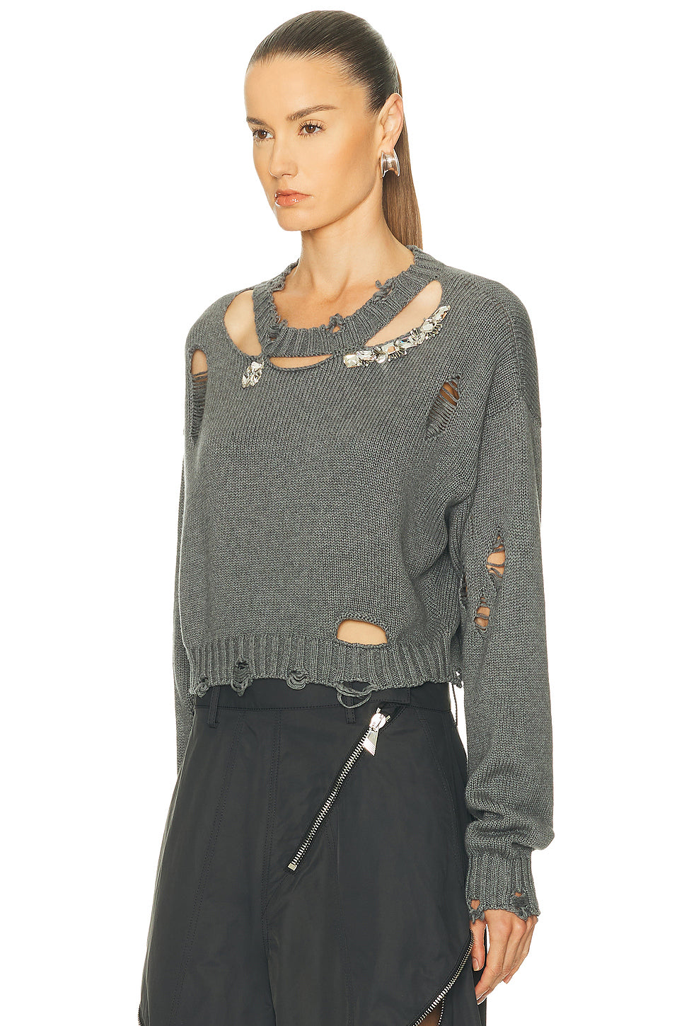 Distressed Crystal Crewneck Sweater