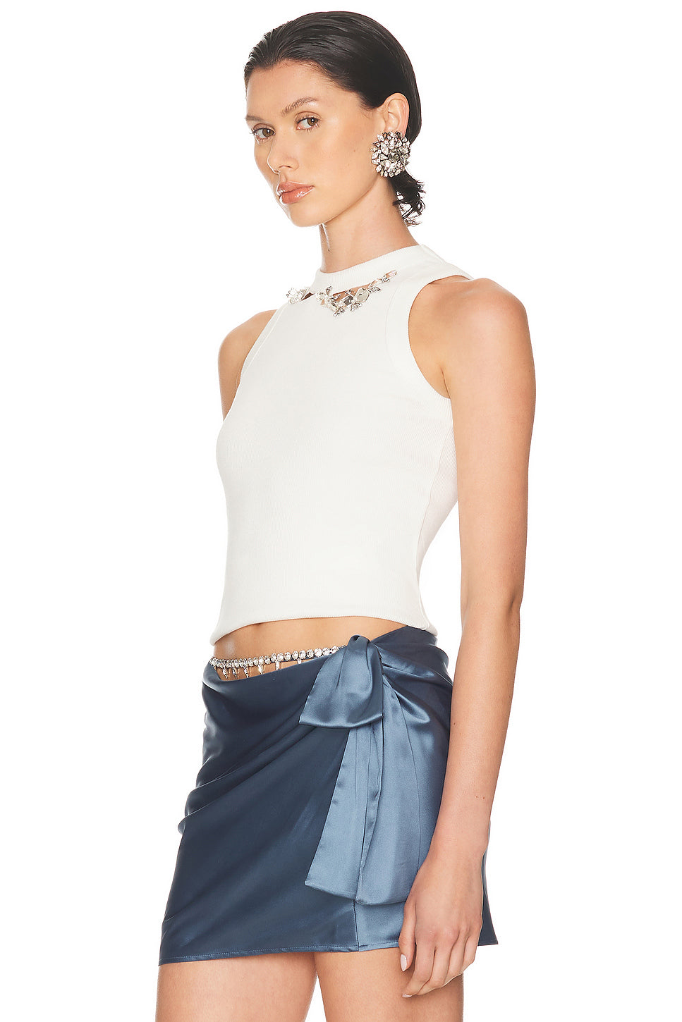 Distressed Crystal Ribbed Knit Tank Top