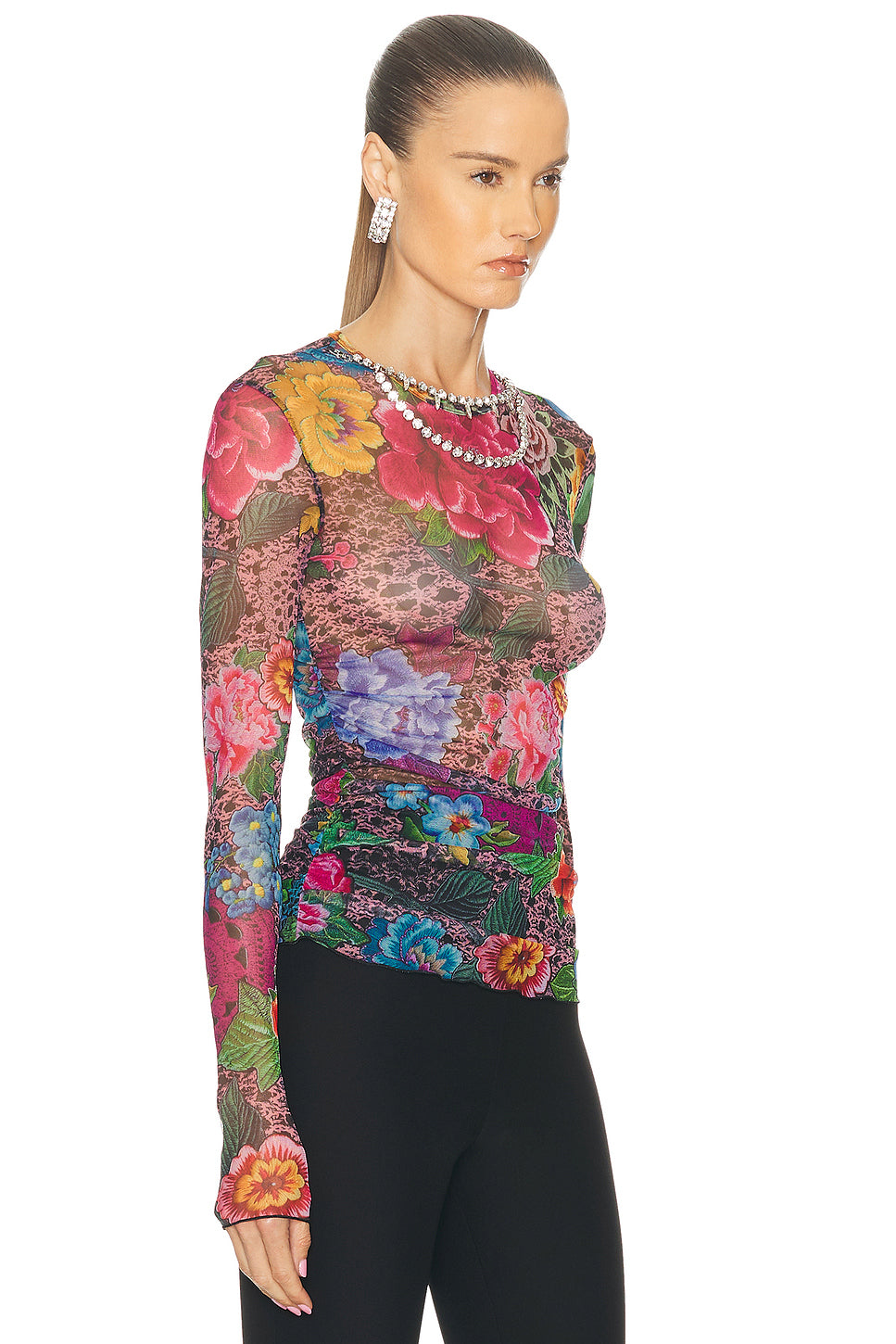 Crystal Embellished Printed Tulle Long Sleeve Top