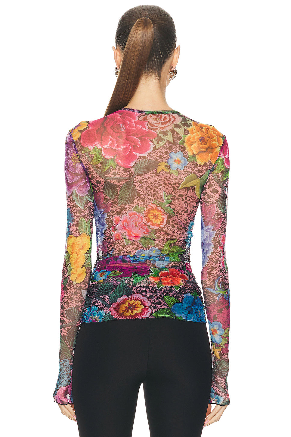 Crystal Embellished Printed Tulle Long Sleeve Top