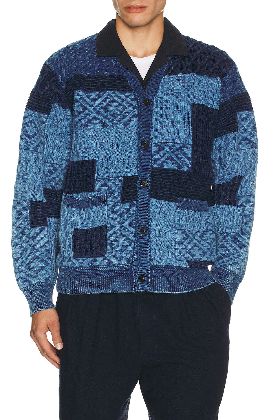 Cardigan Indigo Patchwork Like Jacquard