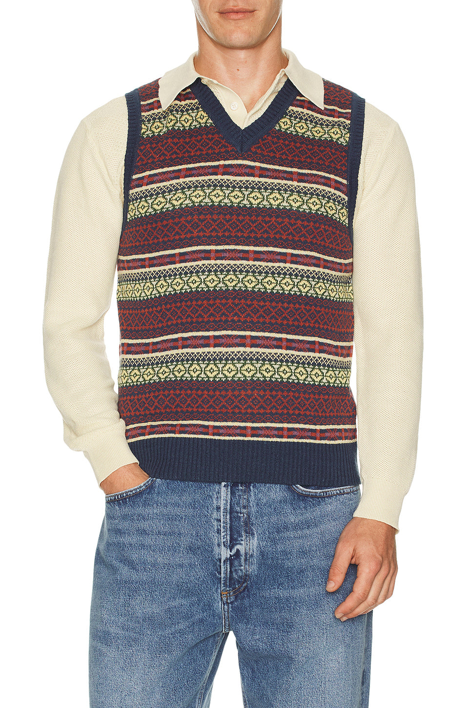 Cotton Linen Vest Fair Isle Pattern