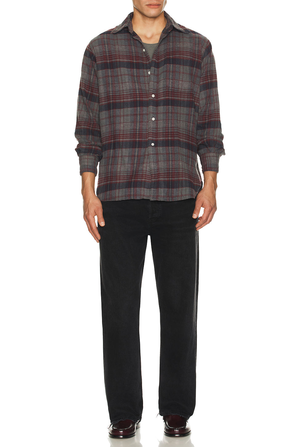 Open Collar Brushed Satin Plaid Shirt