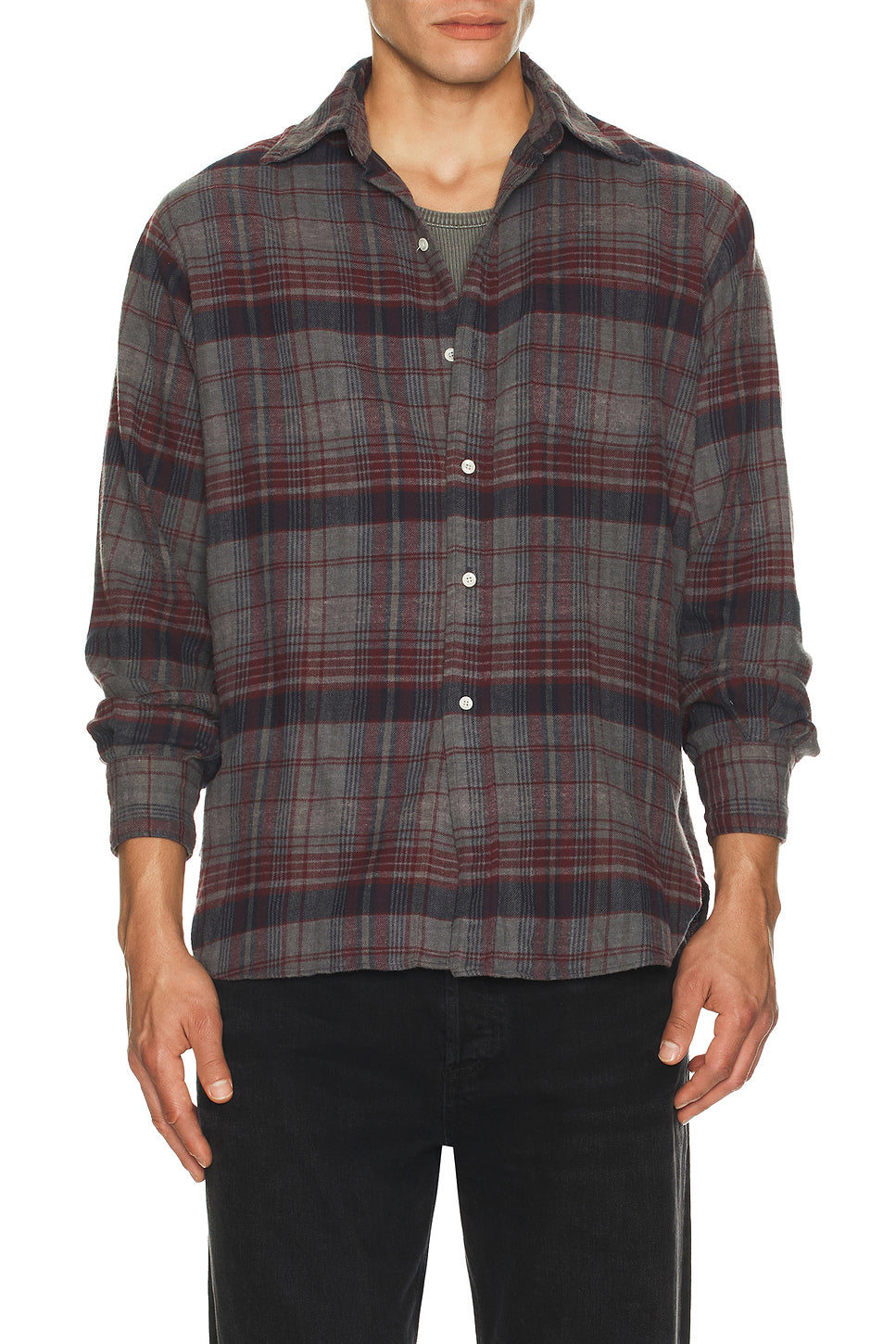 Open Collar Brushed Satin Plaid Shirt