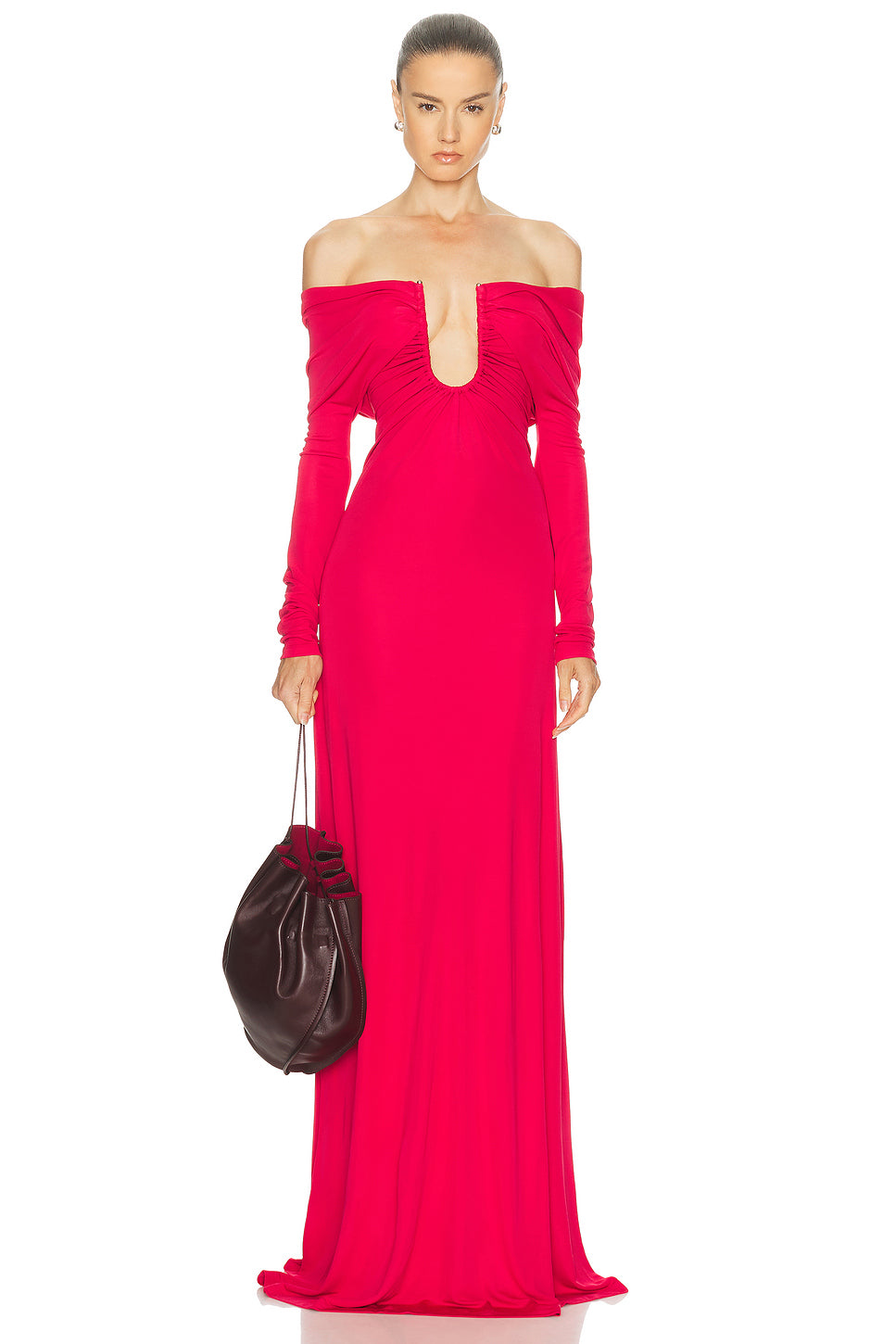 Arced Palm Strapless Shawl Gown