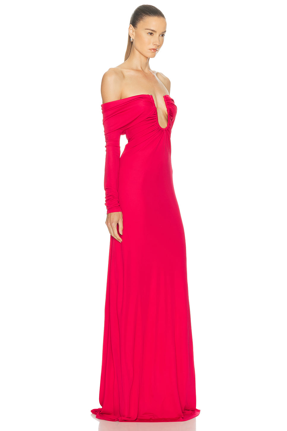 Arced Palm Strapless Shawl Gown
