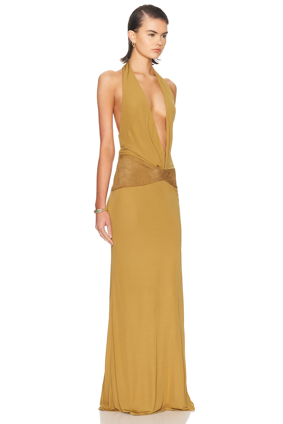 Contour Suede Belted Jersey Halter Gown