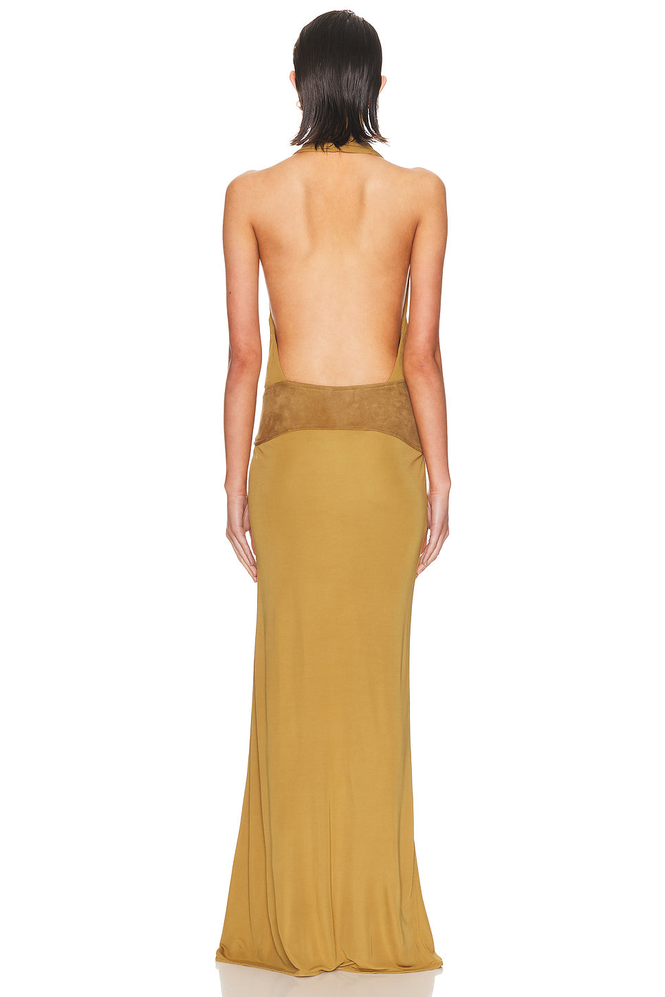 Contour Suede Belted Jersey Halter Gown