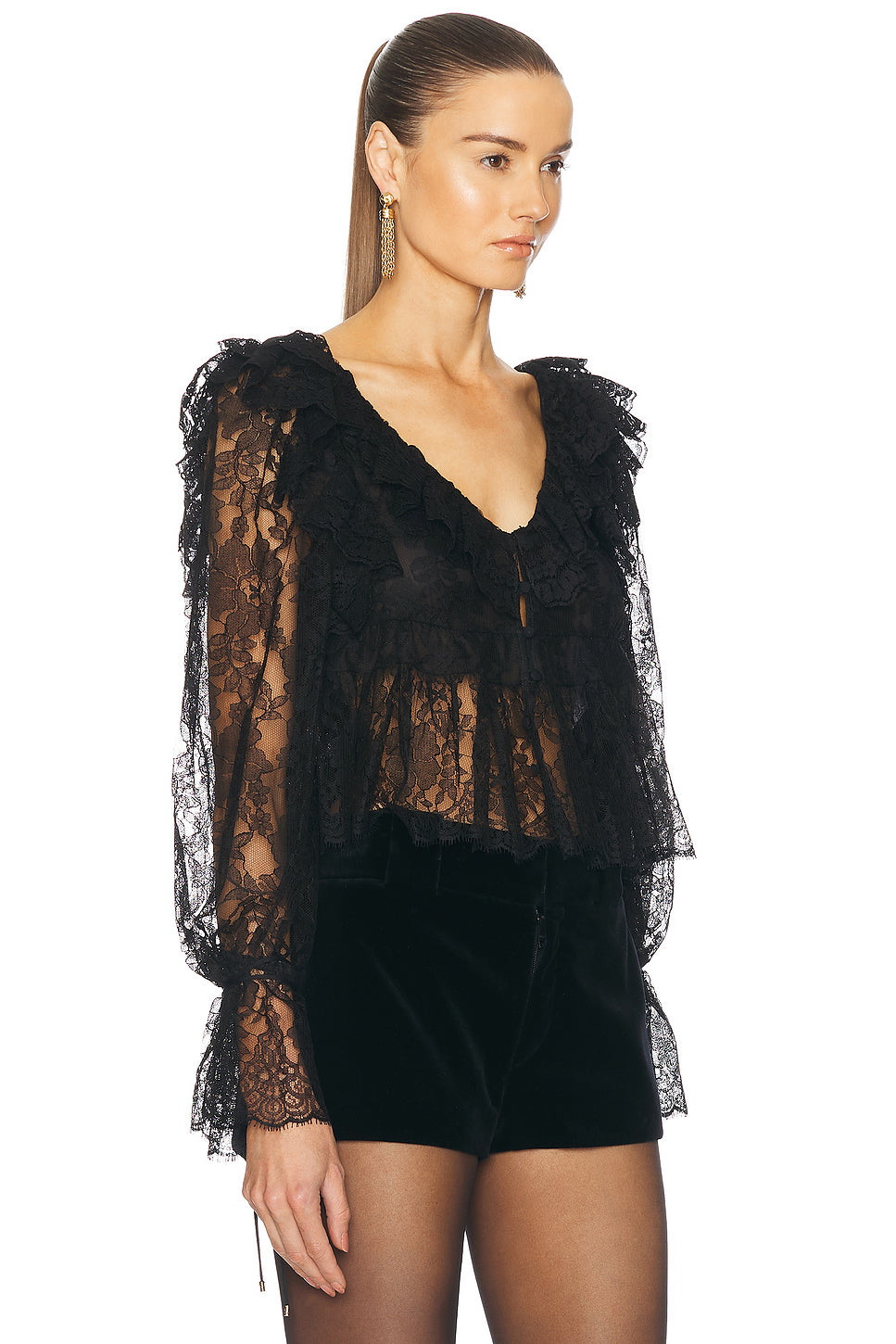V Neck Ruffle Lace Blouse