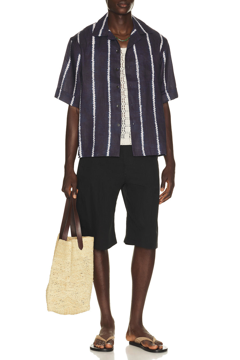 Shibori Stripe Cuffed Camp Collar Shirt
