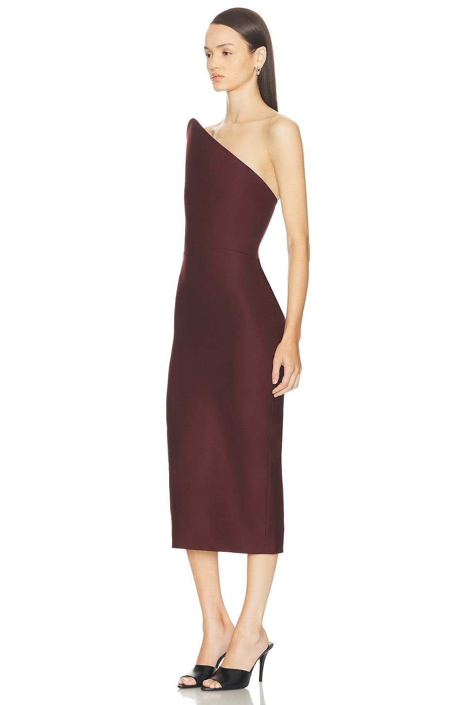 Asymmetric Cut Strapless Midi Dress