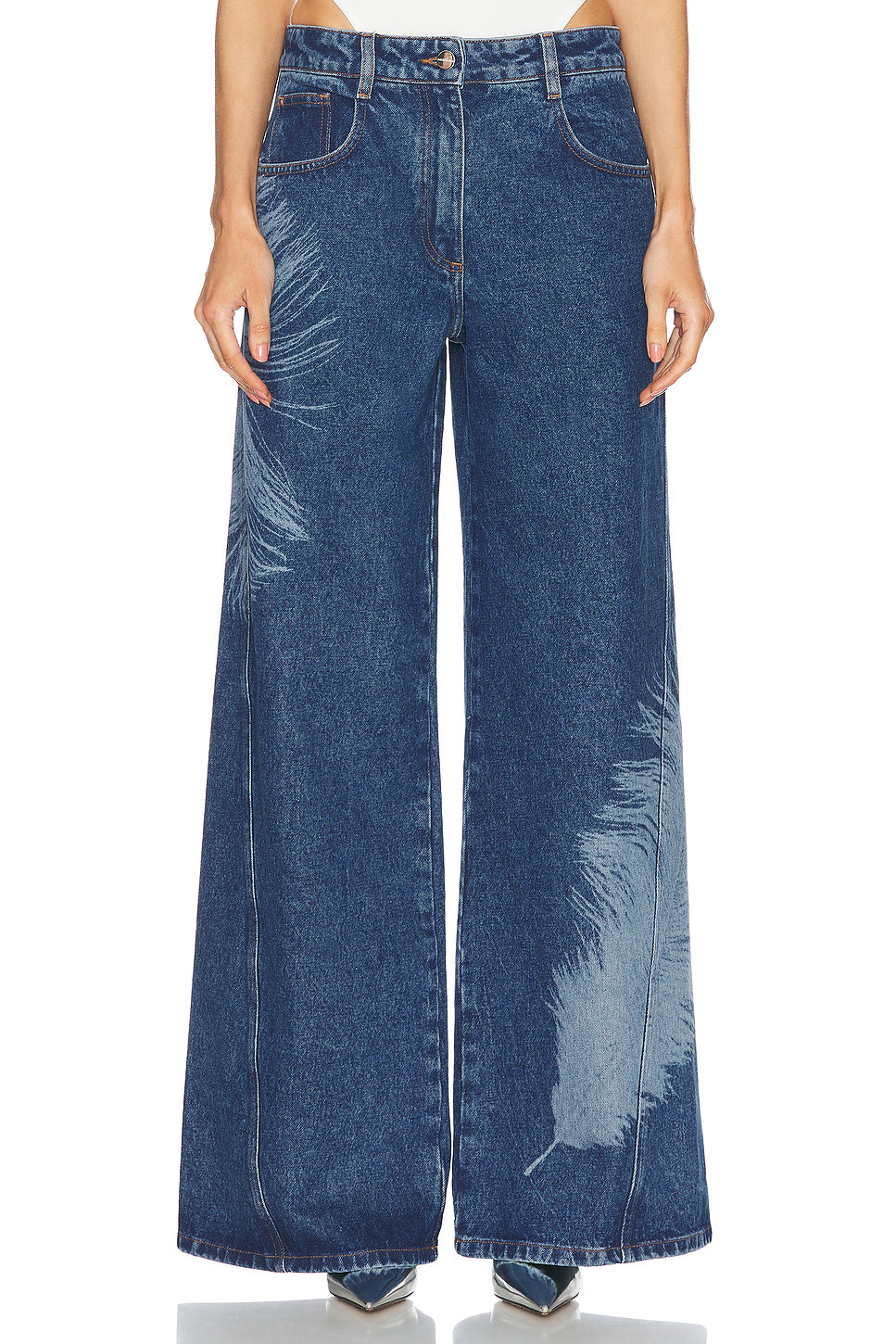 Feather Print Wide Leg Jeans