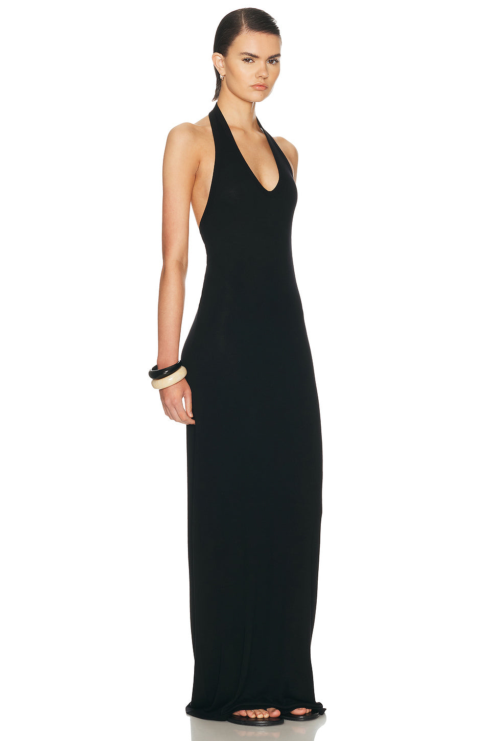Silk Rib U Neck Halter Fluid Maxi Dress