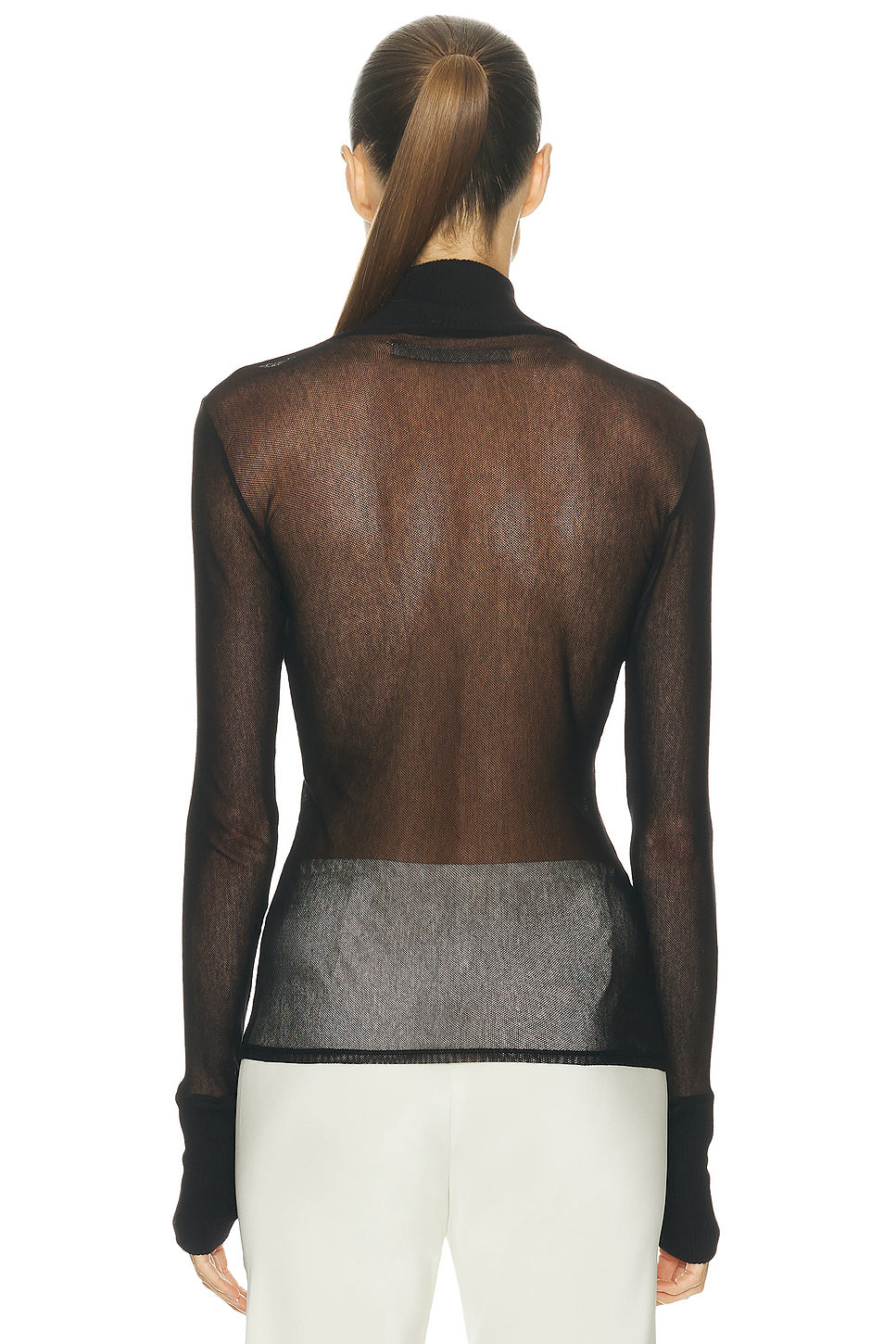 Cotton Mesh Cuffed Long Sleeve Turtleneck Sweater
