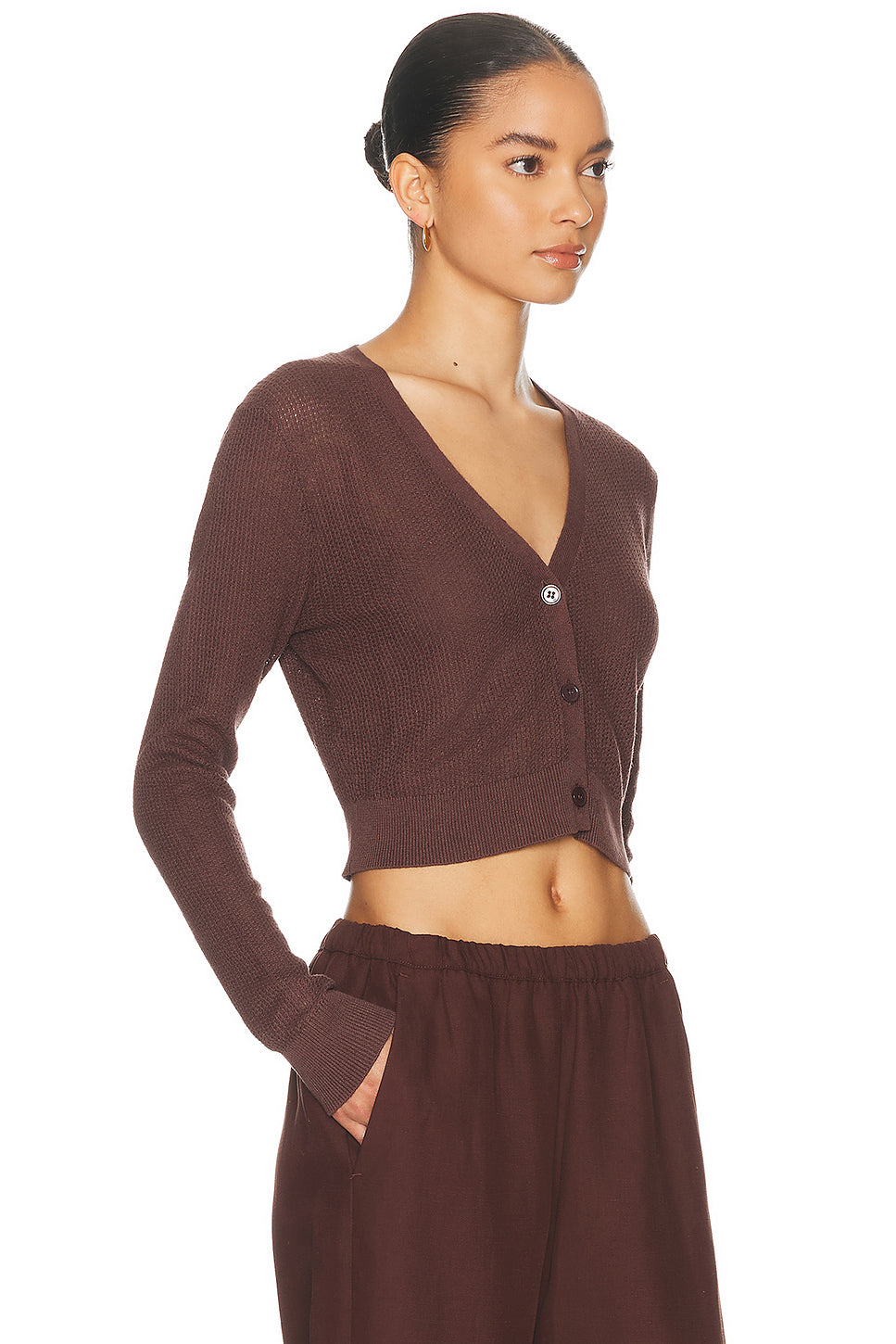 Linen Open Knit Cropped V Neck Cardigan