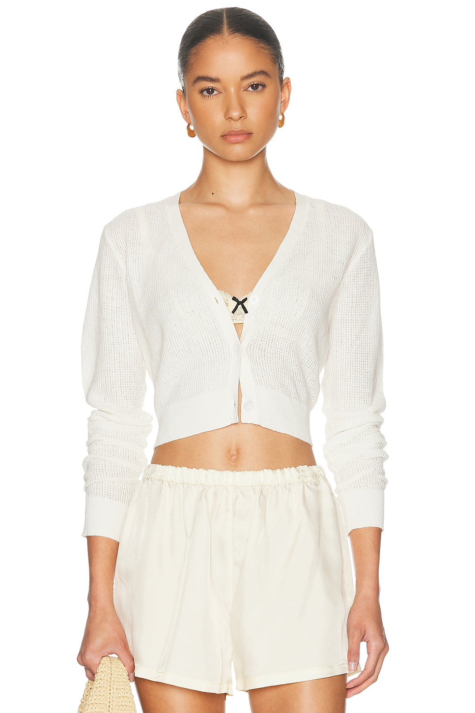 Linen Open Knit Cropped V Neck Cardigan