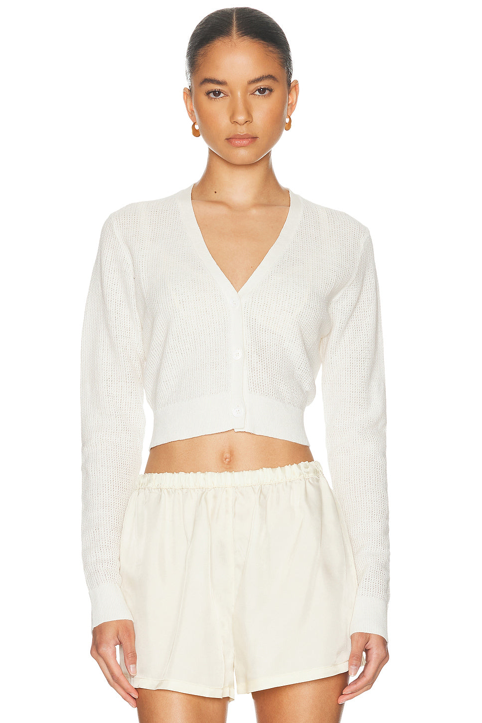 Linen Open Knit Cropped V Neck Cardigan