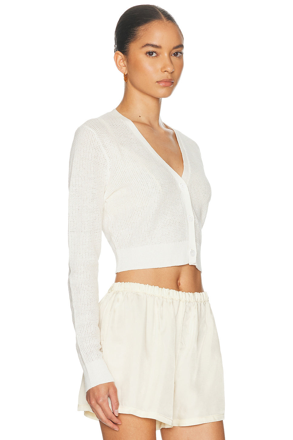 Linen Open Knit Cropped V Neck Cardigan