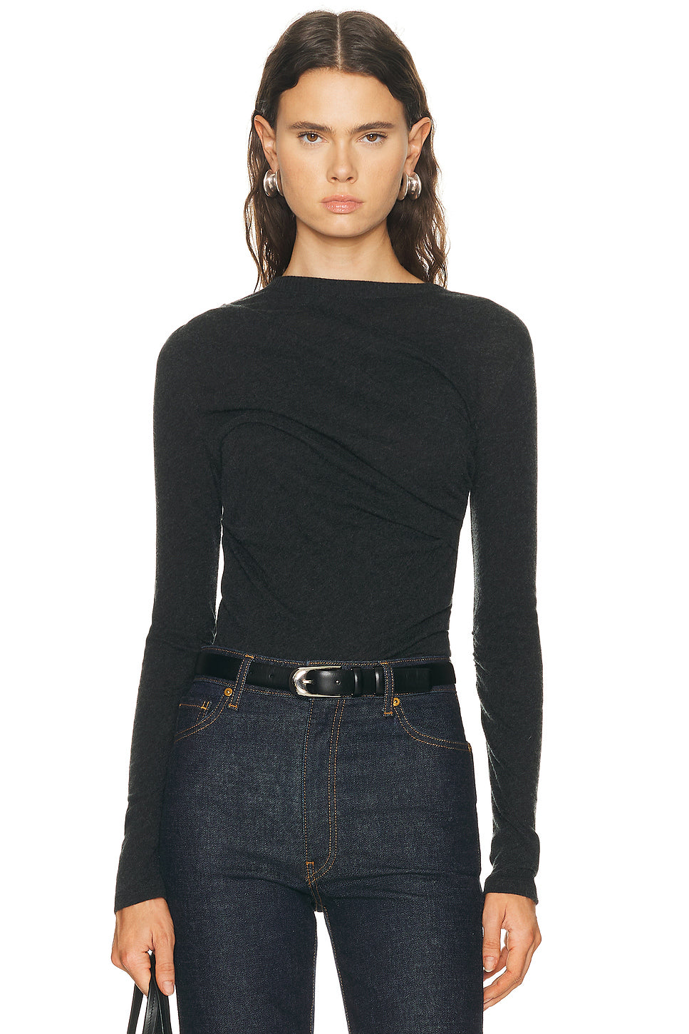 Cashmere Jersey Draped Long Sleeve Crewneck Top