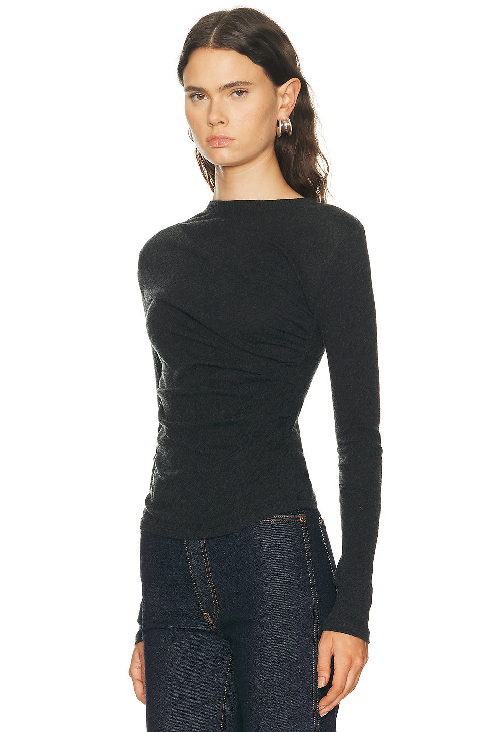 Cashmere Jersey Draped Long Sleeve Crewneck Top
