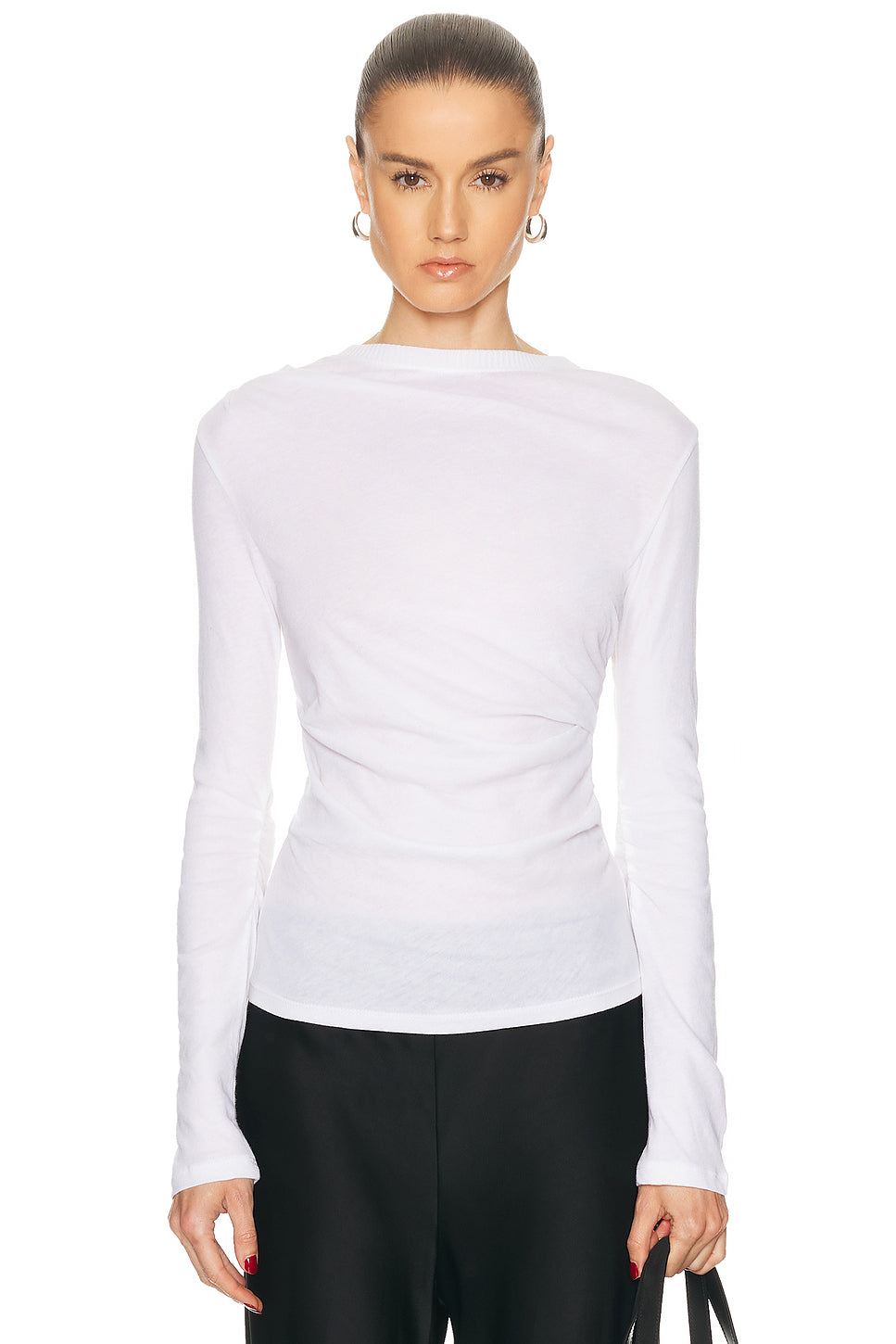 Cashmere Jersey Draped Long Sleeve Crewneck Top