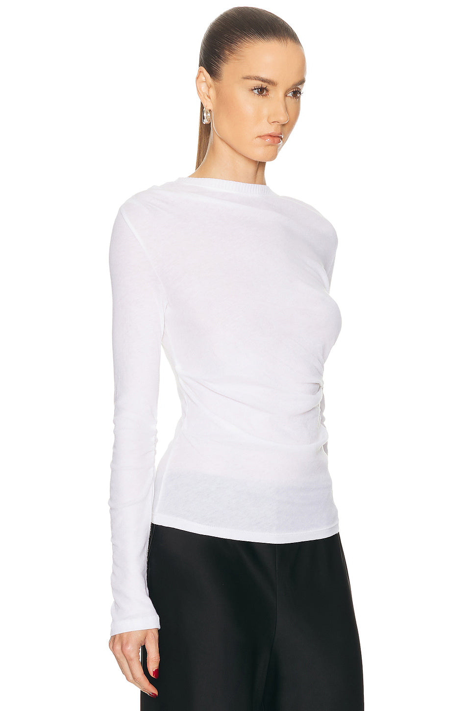 Cashmere Jersey Draped Long Sleeve Crewneck Top