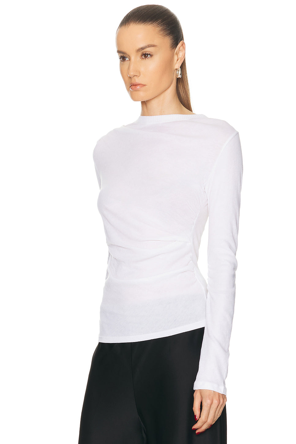Cashmere Jersey Draped Long Sleeve Crewneck Top