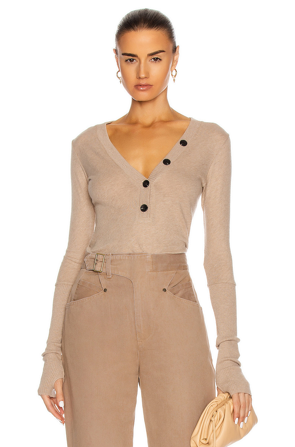 Cashmere Long Sleeve Cuffed Henley Top