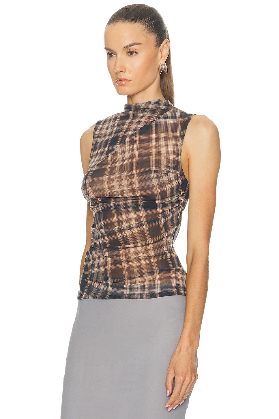 Plaid Mesh Sleeveless Twist Top