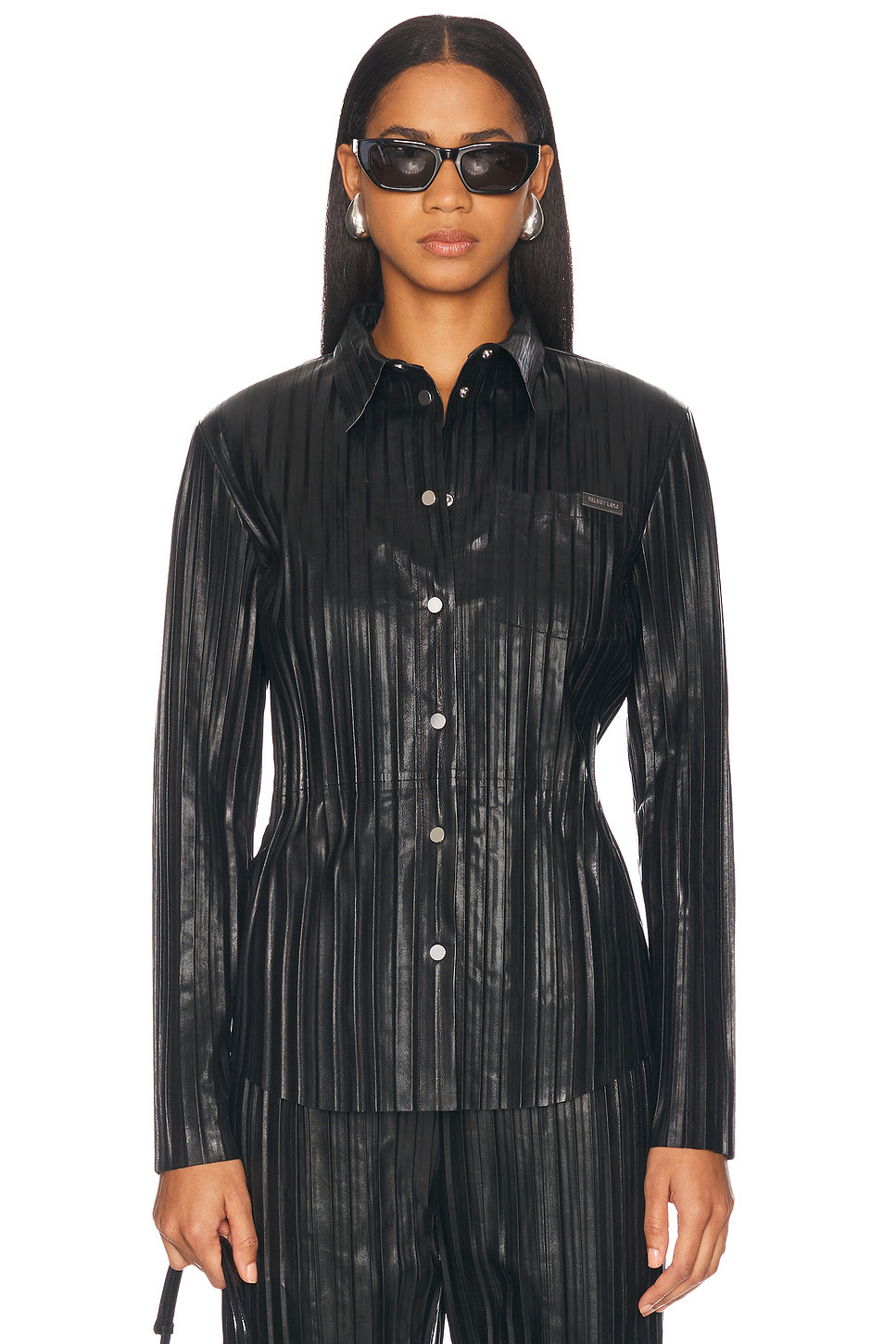 Pleated Leather Button Up Top
