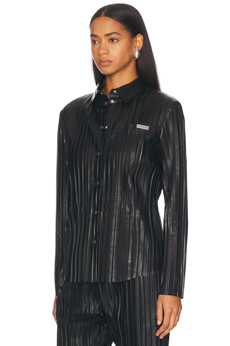Pleated Leather Button Up Top