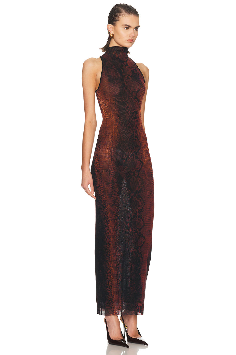 Mesh High Neck Printed Python Long Dress