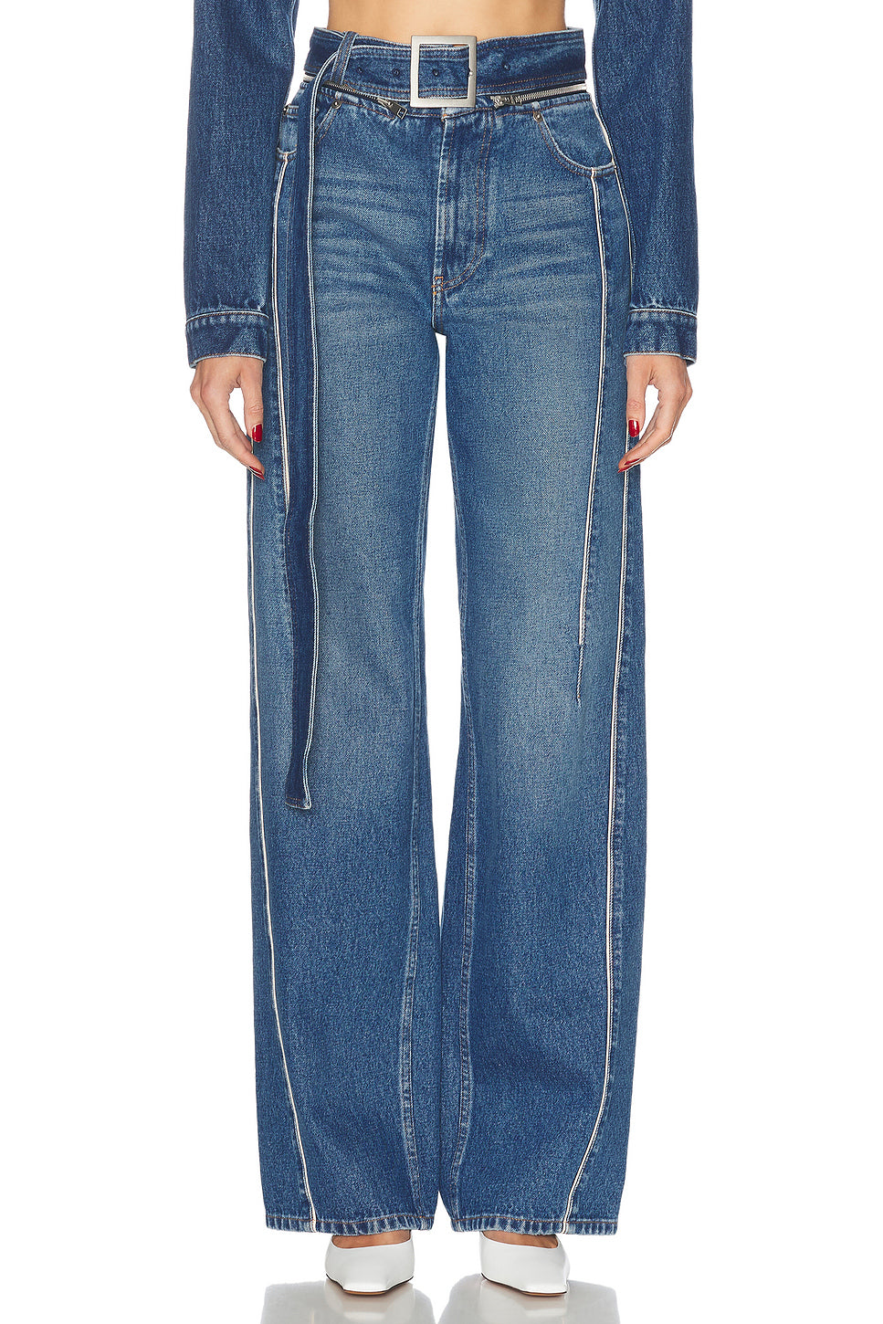 Zip Belt Selvege Detail Wide Leg Jeans