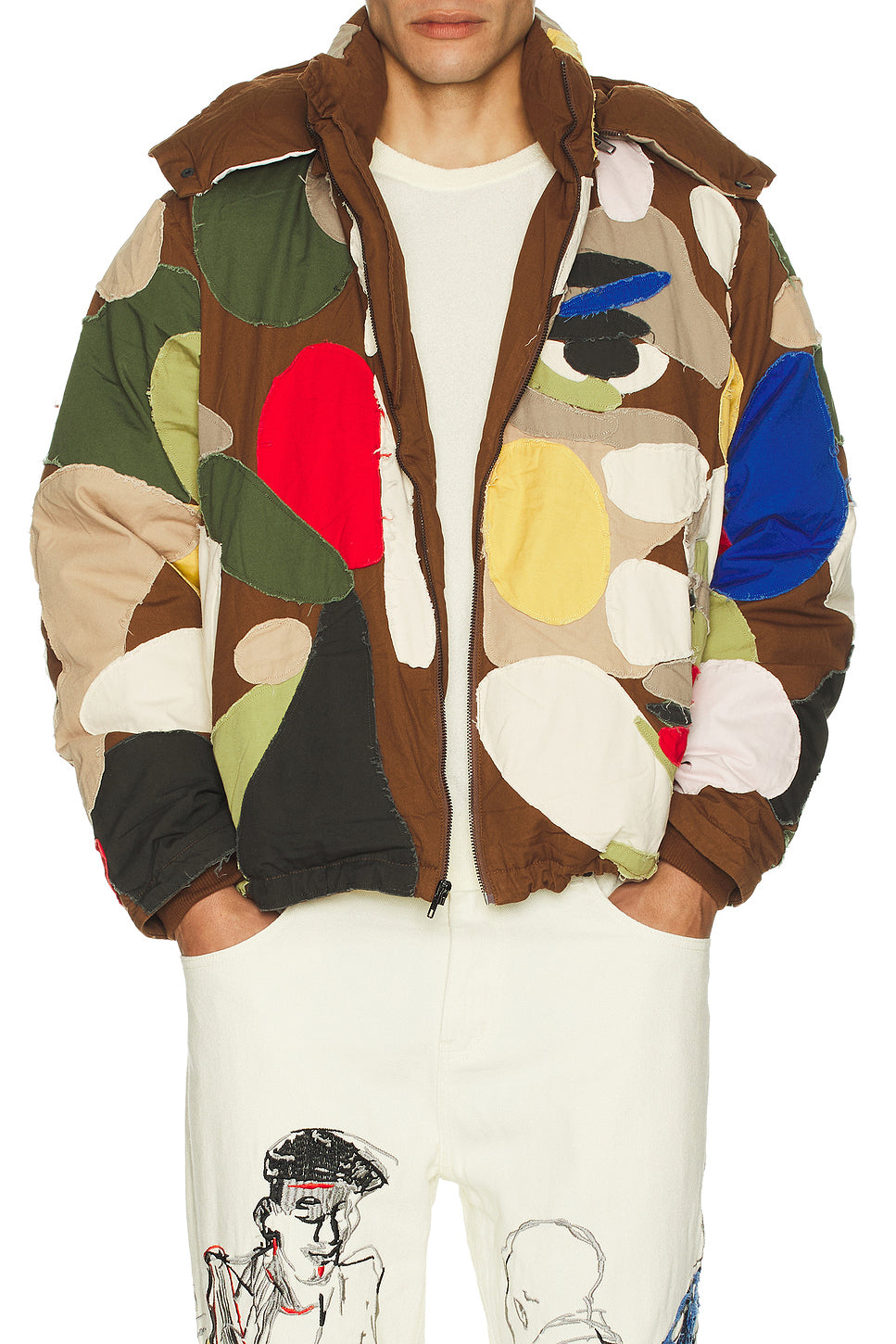 Patchworked Face Down Puffer Jacket