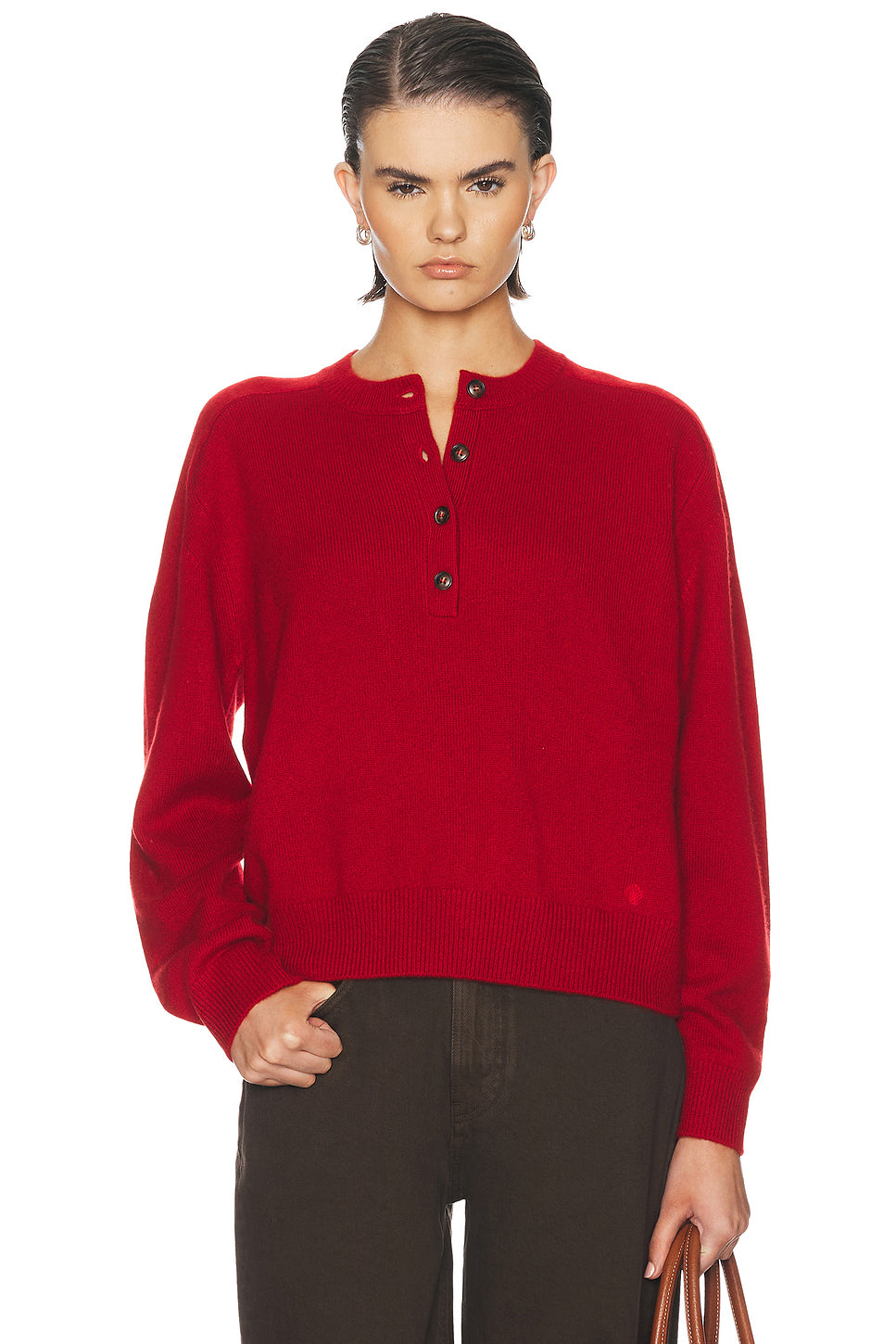Malo Oversized Saddle-Sleeve Henley Sweater in Red M�lang�