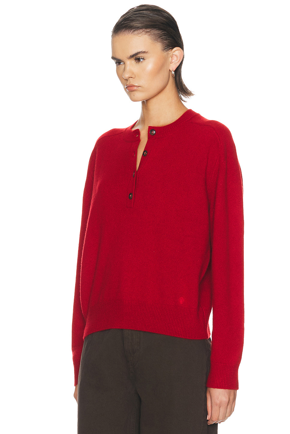Malo Oversized Saddle-Sleeve Henley Sweater in Red M�lang�