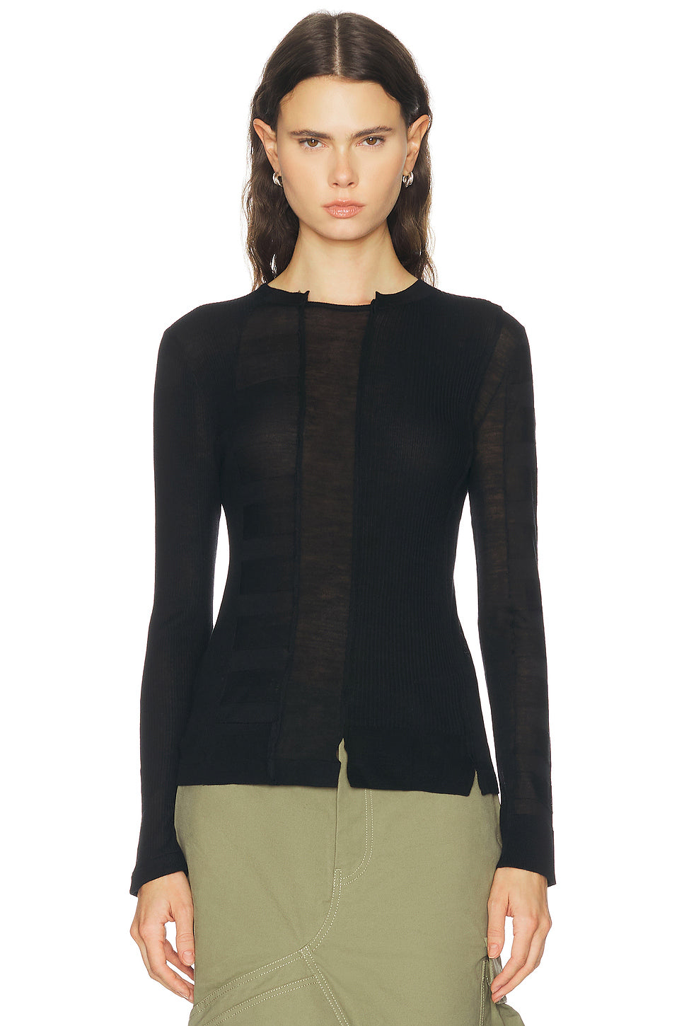 Sheer Paneled Knit Long Sleeve Top