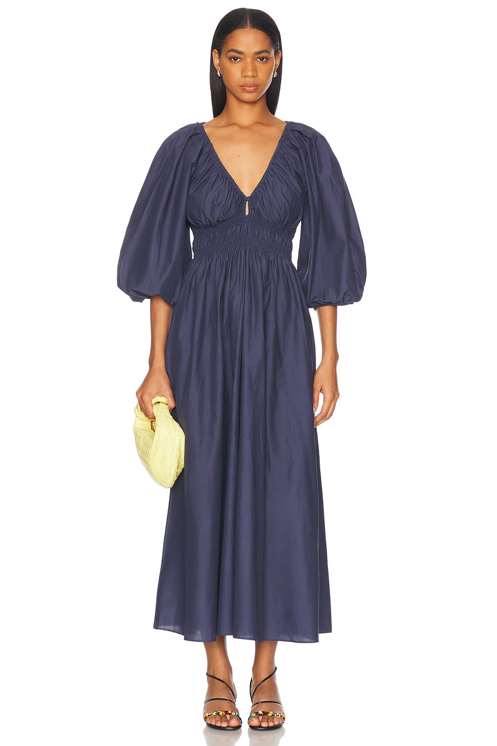 Shirred Plunge Button Dress