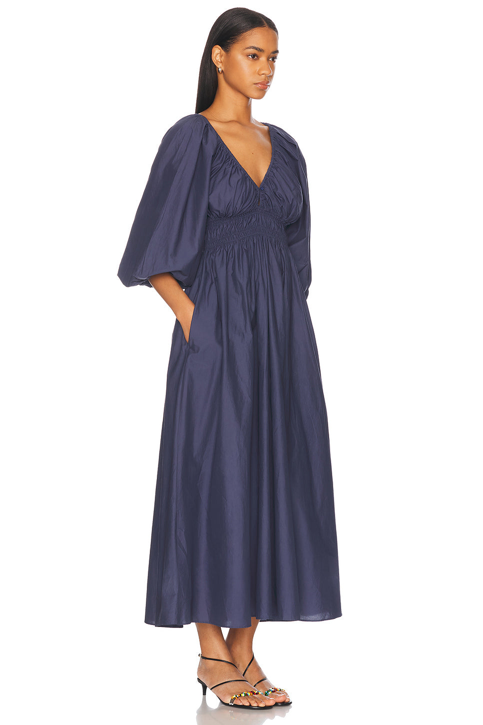 Shirred Plunge Button Dress