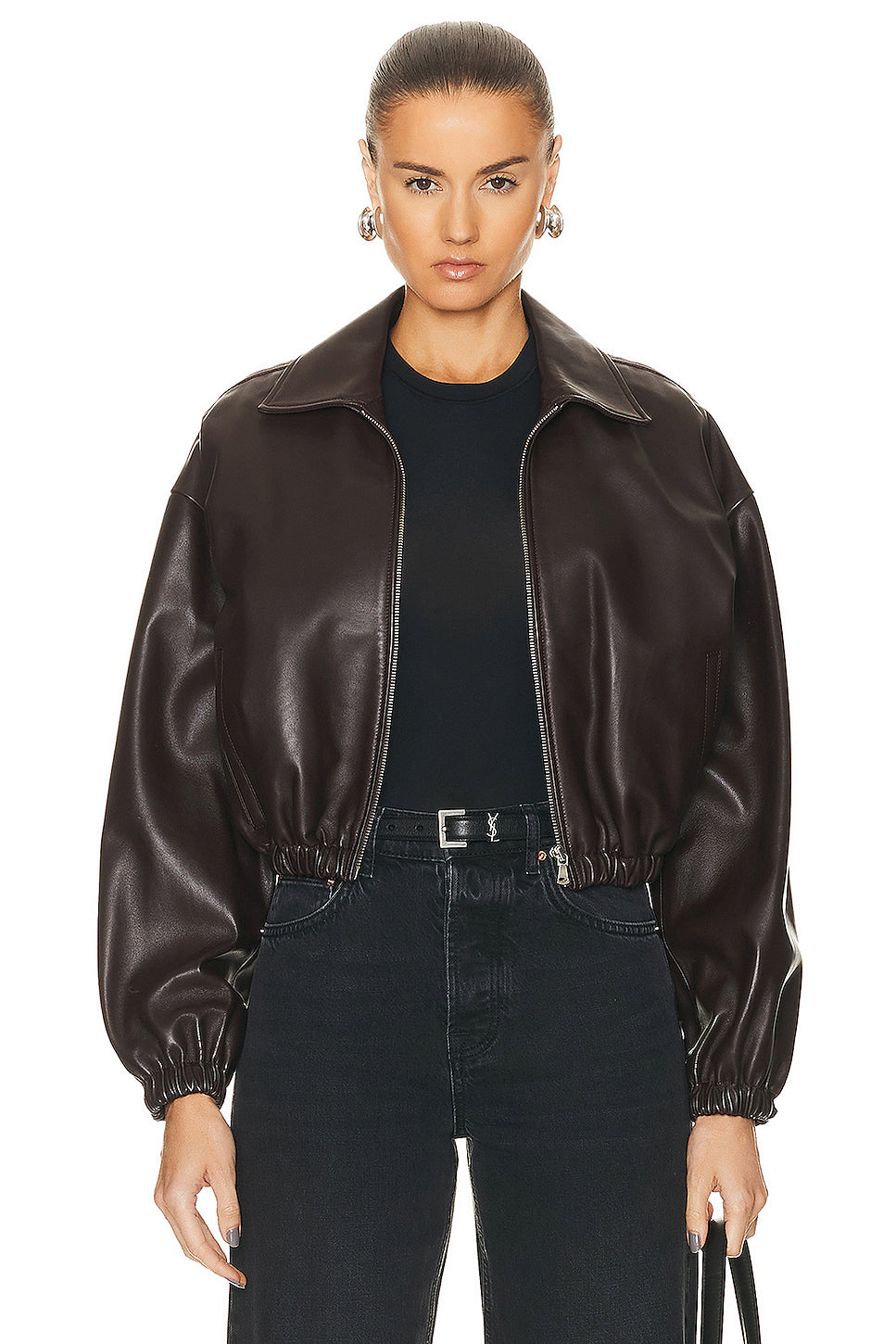 Luna Cropped Leather Bomber Jacket