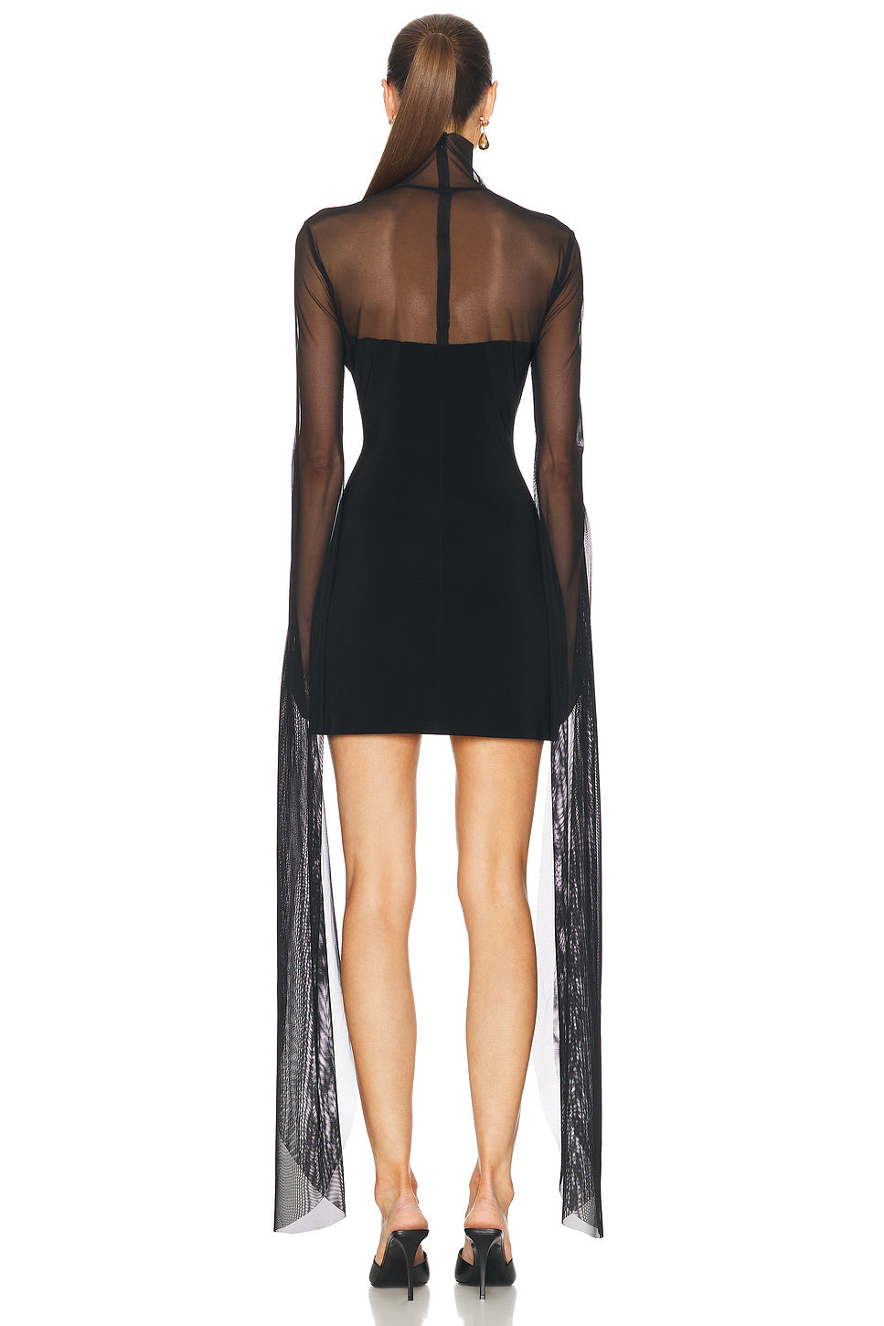 Ribbon Sleeve Turtleneck Mesh Mini Dress