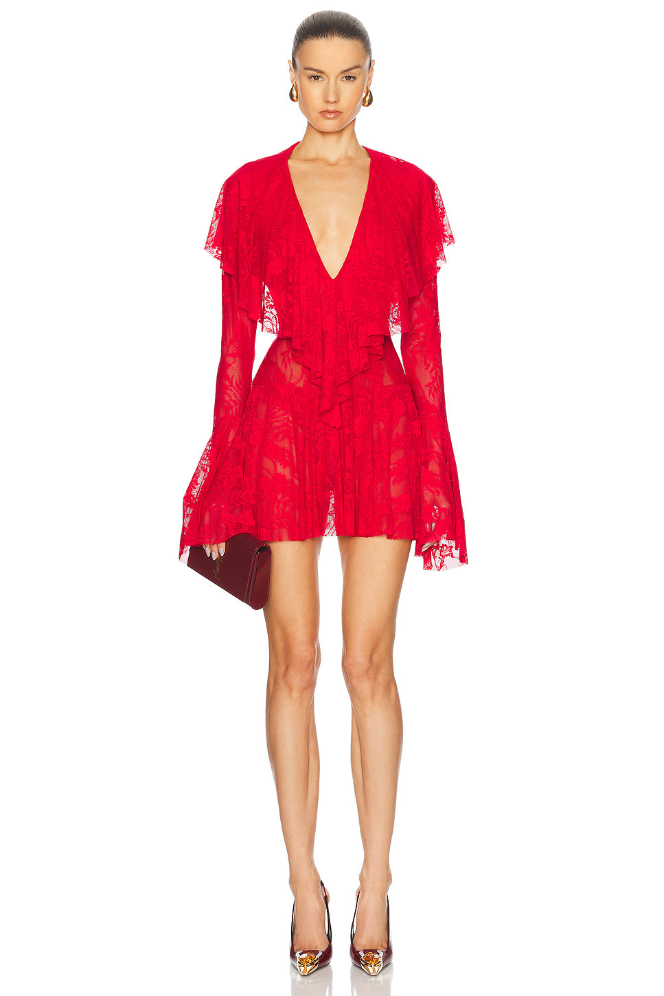 Long Sleeve Deep V Ruffle Mini Dress