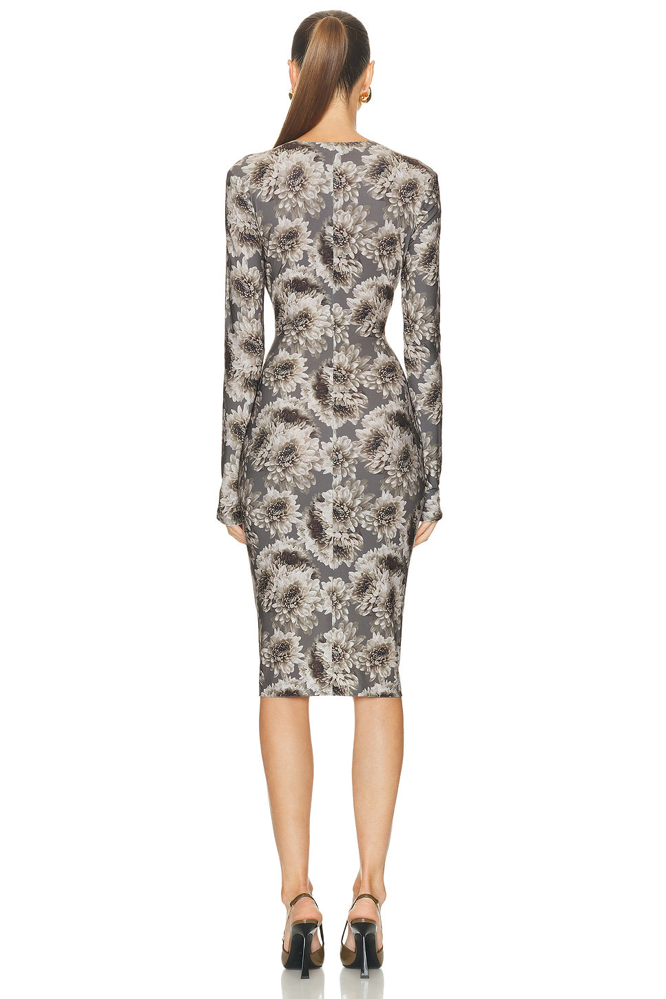 Long Sleeve V Neck Shirred Front Dress