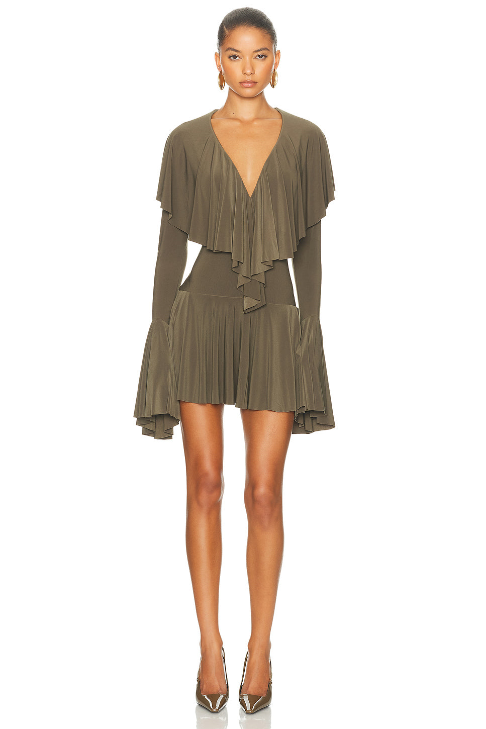 for FWRD Long Sleeve Deep V Ruffle Mini Dress