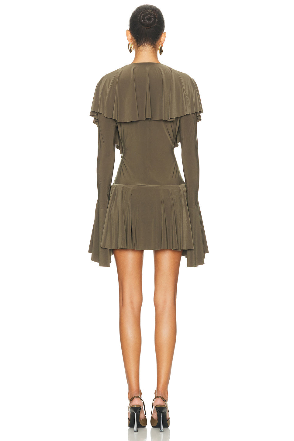 for FWRD Long Sleeve Deep V Ruffle Mini Dress